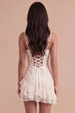 Ivory Sparkly Floral Corset Sequin Spaghetti Straps Bodycon Short Cocktail Dress