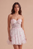 Blush Sparkly Floral Sequin Sweetheart Corset Short Cocktail Dress