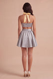 Yellow and Grey Halter 2 Piece A Line Short Cocktail Dress