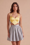 Yellow and Grey Halter 2 Piece A Line Short Cocktail Dress