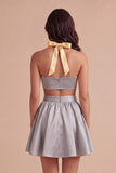 Yellow and Grey Halter 2 Piece A Line Short Cocktail Dress