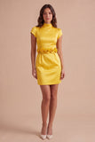 Yellow Bodycon High Neck Short Cocktail Dress with 3D Flowers
