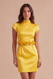 Yellow Bodycon High Neck Short Cocktail Dress with 3D Flowers