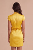 Yellow Bodycon High Neck Short Cocktail Dress with 3D Flowers