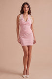 Light Pink Corset Sparkly Beaded Halter Short Cocktail Dress
