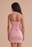 Light Pink Corset Sparkly Beaded Halter Short Cocktail Dress