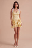 Light Yellow Halter Bodycon Short Cocktail Dress with 3D Flowers