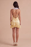 Light Yellow Halter Bodycon Short Cocktail Dress with 3D Flowers