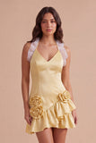 Light Yellow Halter Bodycon Short Cocktail Dress with 3D Flowers