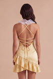 Light Yellow Halter Bodycon Short Cocktail Dress with 3D Flowers
