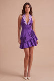 Purple Floral Halter Bodycon Short Cocktail Dress