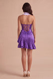 Purple Floral Halter Bodycon Short Cocktail Dress