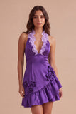 Purple Floral Halter Bodycon Short Cocktail Dress