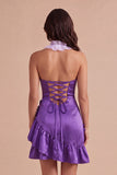 Purple Floral Halter Bodycon Short Cocktail Dress