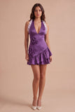 Purple Halter Bodycon Floral Short Cocktail Dress