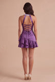 Purple Halter Bodycon Floral Short Cocktail Dress