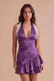Purple Halter Bodycon Floral Short Cocktail Dress
