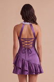 Purple Halter Bodycon Floral Short Cocktail Dress