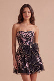 Sparkly Beaded Floral Black Sweetheart Short Cocktail Dress