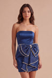 Sparkly Navy Strapless Bodycon Short Cocktail Dress with Beading