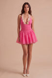 Pink Ruffled A Line Halter Short Cocktail Dress