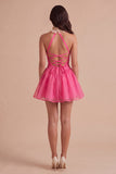 Pink Ruffled A Line Halter Short Cocktail Dress