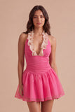 Pink Ruffled A Line Halter Short Cocktail Dress