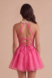Pink Ruffled A Line Halter Short Cocktail Dress
