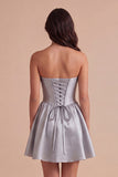 Grey Sparkly Corset Beaded Strapless Short Cocktail Dress