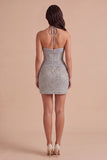 Light Grey Sparkly Corset Beaded Halter Short Cocktail Dress