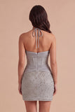 Light Grey Sparkly Corset Beaded Halter Short Cocktail Dress