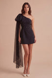 Black One Shoulder A Line Short Cocktail Dress