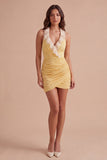 Light Yellow Glitter Ruffled Halter Short Cocktail Dress