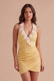 Light Yellow Glitter Ruffled Halter Short Cocktail Dress