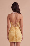 Light Yellow Glitter Ruffled Halter Short Cocktail Dress