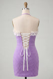 Sparkly Light Purple Ruffled Beaded Short Cocktail Dress