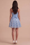 Sky Blue Sparkly Sequin Strapless Short Cocktail Dress