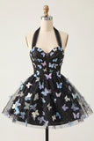 Glitter Black Tulle Corset Halter Short Cocktail Dress