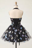 Glitter Black Tulle Corset Halter Short Cocktail Dress