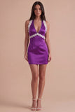 Purple Ruffled Beaded Halter Short Cocktail Dress