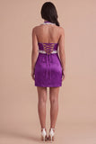 Purple Ruffled Beaded Halter Short Cocktail Dress