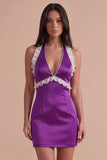 Purple Ruffled Beaded Halter Short Cocktail Dress