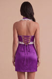 Purple Ruffled Beaded Halter Short Cocktail Dress