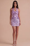 Lilac Sparkly Bodycon Sequin Halter Short Cocktail Dress