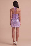 Lilac Sparkly Bodycon Sequin Halter Short Cocktail Dress