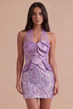 Lilac Sparkly Bodycon Sequin Halter Short Cocktail Dress