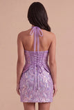 Lilac Sparkly Bodycon Sequin Halter Short Cocktail Dress