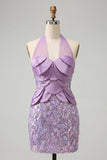 Lilac Sparkly Bodycon Sequin Halter Short Cocktail Dress