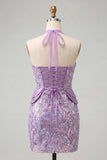 Lilac Sparkly Bodycon Sequin Halter Short Cocktail Dress