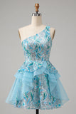 Sparkly Light Blue Sequin Ruffled Short Cocktail Dress